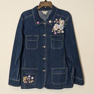 GRAFF by UM Company, Blue Denim Button Shirt Jacket w Floral Bling; Size PL
